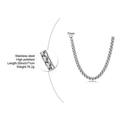 Round Box Chain Necklace for Men | Stainless Steel Link Chain in Gold, Silver, or Black