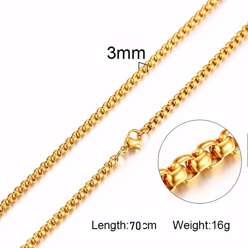 Round Box Chain Necklace for Men | Stainless Steel Link Chain in Gold, Silver, or Black