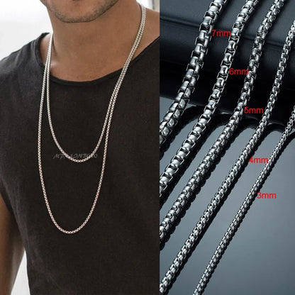 Round Box Chain Necklace for Men | Stainless Steel Link Chain in Gold, Silver, or Black