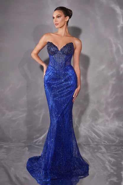 Ladivine J903 Lavish Crystal Encrusted Sheer Corset Bodice Fitted Gown
