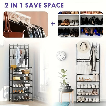 2 in 1 Shoe Rack with Coat Hooks Entryway Organizer 5 Tier Storage Shelf