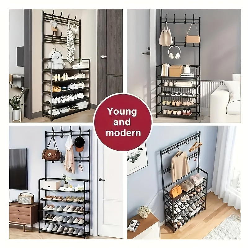 2 in 1 Shoe Rack with Coat Hooks Entryway Organizer 5 Tier Storage Shelf