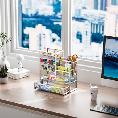 Iron Mesh Desk Organizer Multi-Layer Stationery Storage Box Office School Supplies