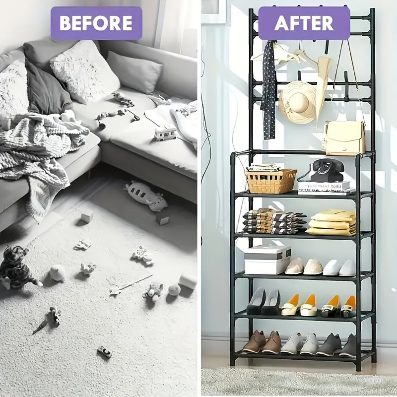 2 in 1 Shoe Rack with Coat Hooks Entryway Organizer 5 Tier Storage Shelf