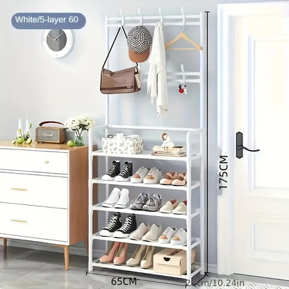 2 in 1 Shoe Rack with Coat Hooks Entryway Organizer 5 Tier Storage Shelf