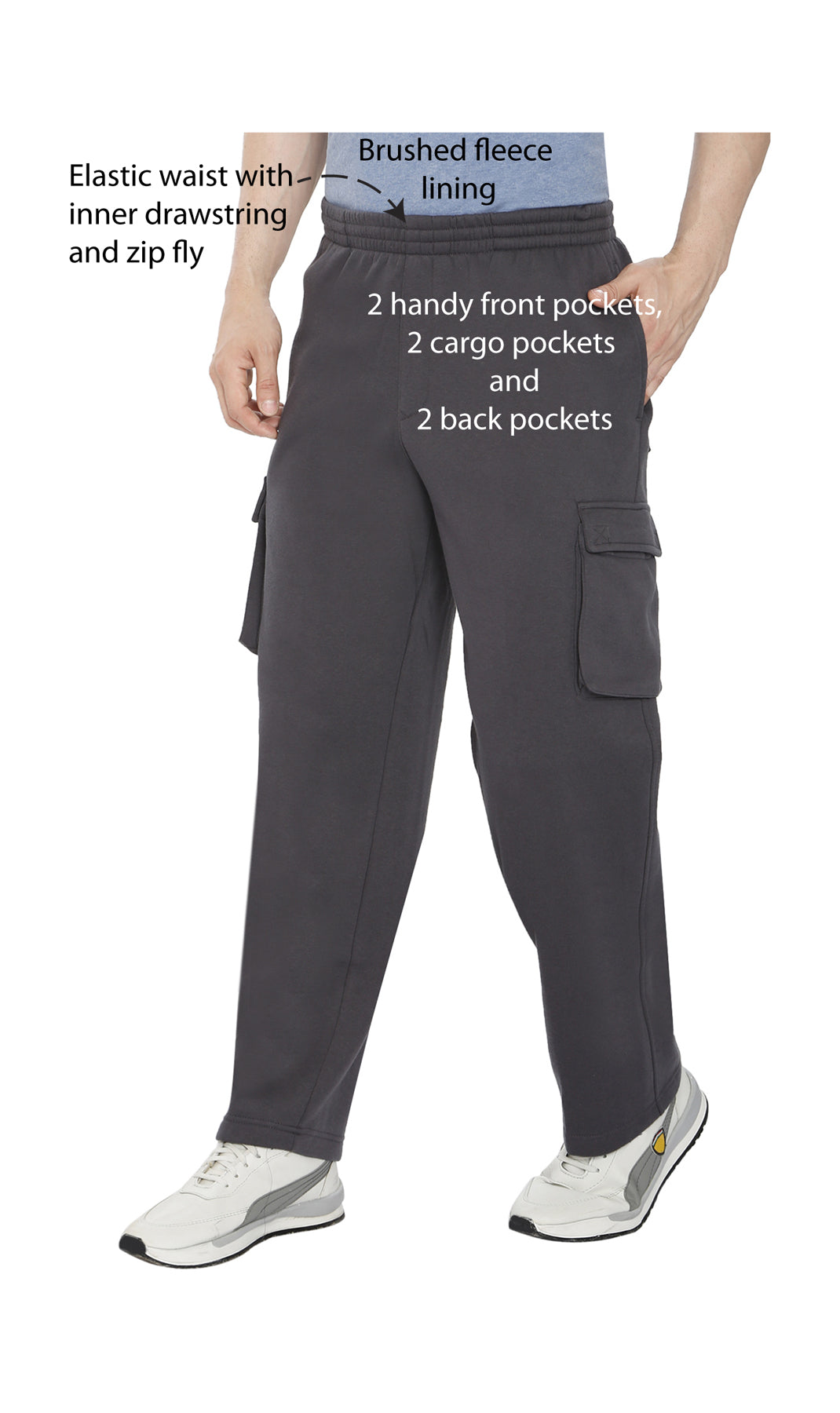 Men's Brushed Fleece Cargo Pants — Pull-On with Inner Drawstring