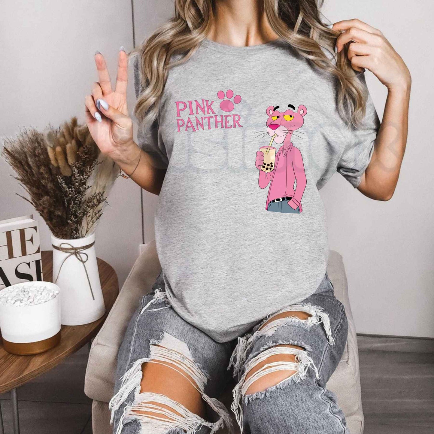 Pink Panther Bubble Tea Graphic T-Shirt – Cute Boba Cartoon Cotton Tee