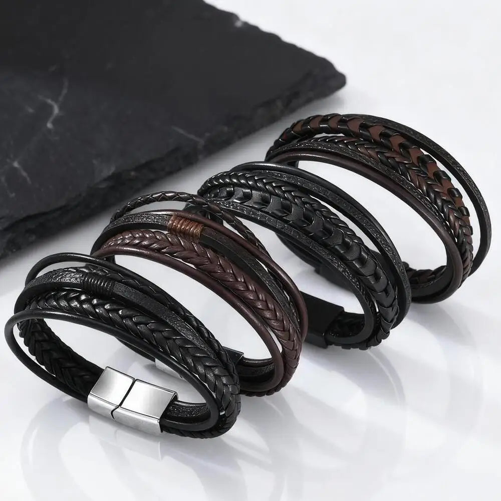 Multi Layer Braided Rope Bracelet for Men | Classic Handmade PU Leather Wristband with Magnetic Buckle