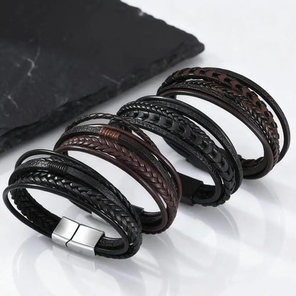 Multi Layer Braided Rope Bracelet for Men | Classic Handmade PU Leather Wristband with Magnetic Buckle