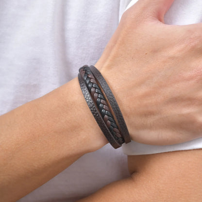 Multi Layer Braided Rope Bracelet for Men | Classic Handmade PU Leather Wristband with Magnetic Buckle
