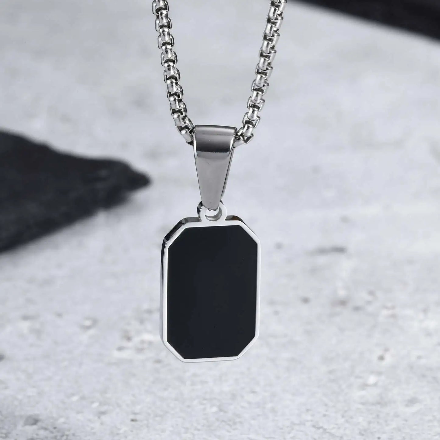 Men's Geometric Square Necklace | Black Enamel Rectangle Pendant with Rope Chain