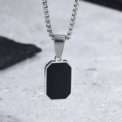 Men's Geometric Square Necklace | Black Enamel Rectangle Pendant with Rope Chain