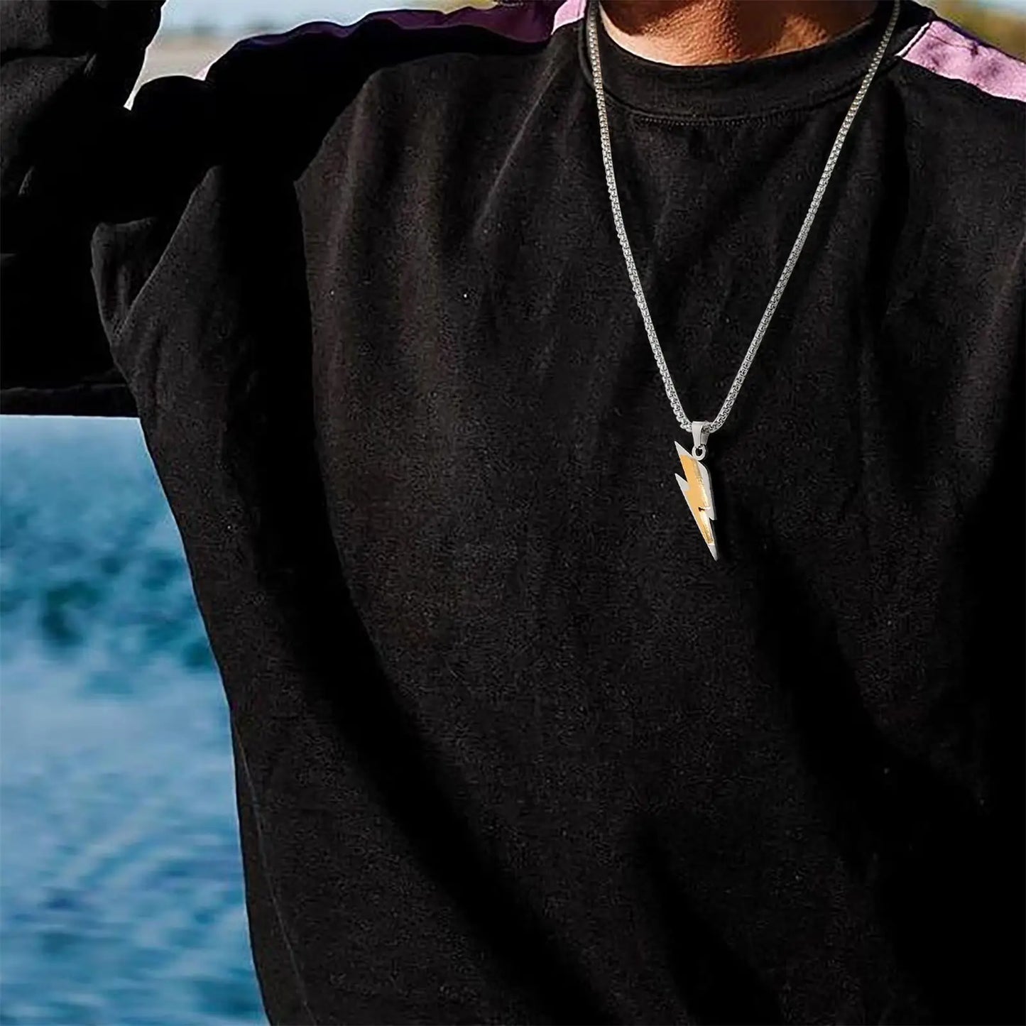 Trendy Lightning Stainless Steel Necklace for Men | Two Color Pendant Hip Hop Jewelry