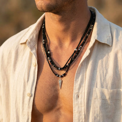 Metal Triangle Pendant Black Onyx Beaded Layered Leather Necklace | Boho Jewelry for Men and Women