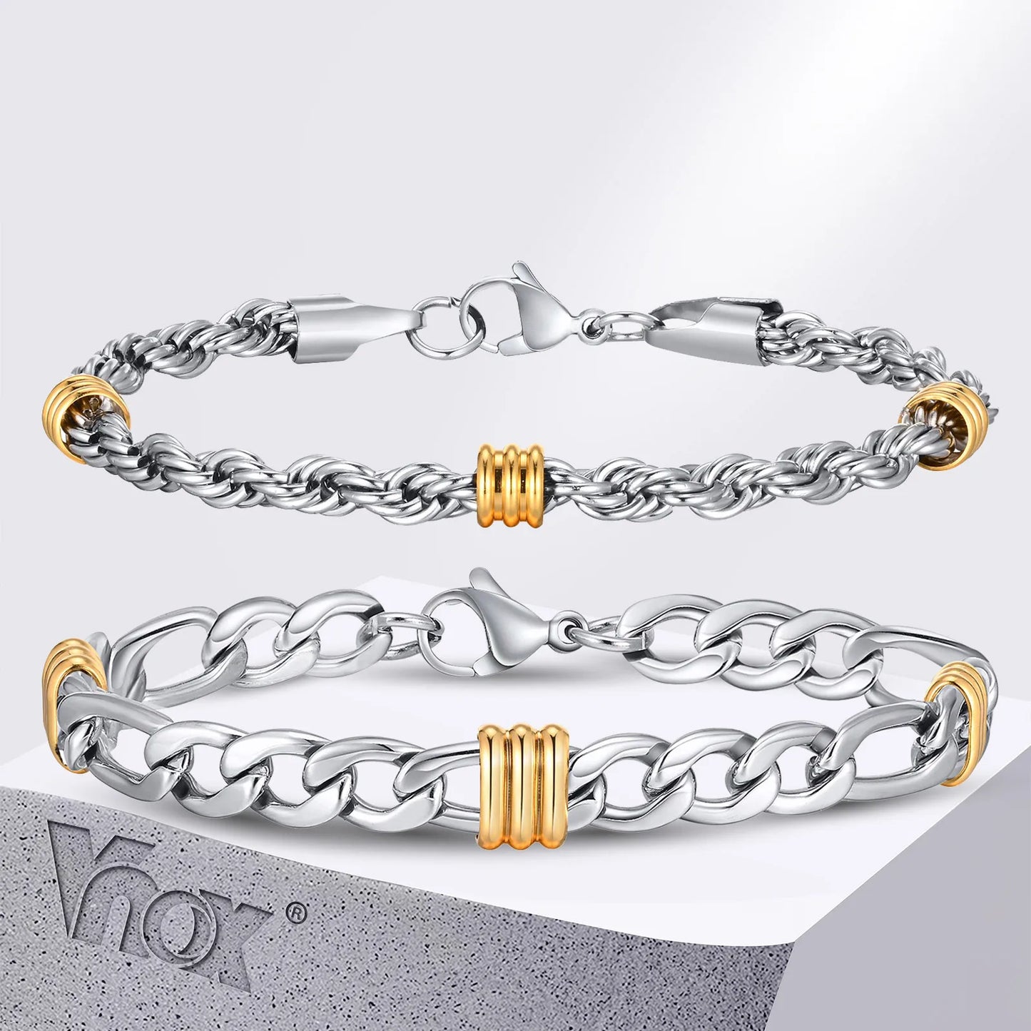 Vnox Men's Stainless Steel Rope Chain Bracelet with Tube Charms | Trendy Cuban Link Wristband