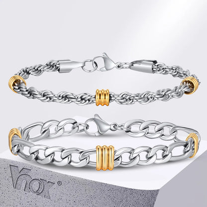 Vnox Men's Stainless Steel Rope Chain Bracelet with Tube Charms | Trendy Cuban Link Wristband