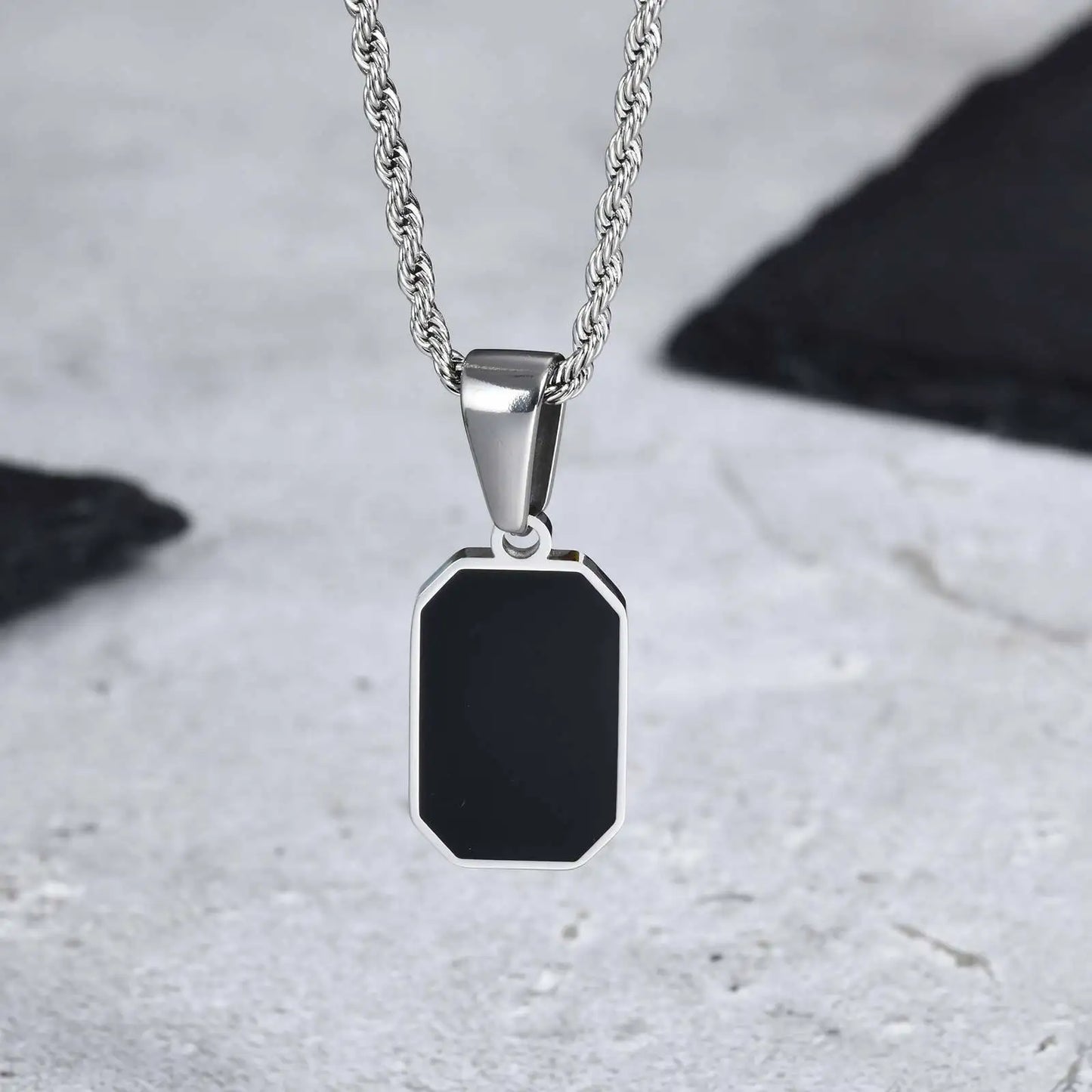 Men's Geometric Square Necklace | Black Enamel Rectangle Pendant with Rope Chain