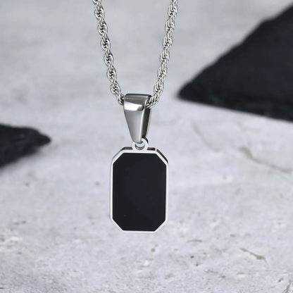 Men's Geometric Square Necklace | Black Enamel Rectangle Pendant with Rope Chain