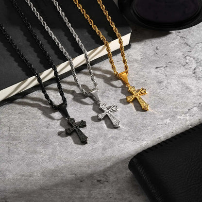 Stainless Steel Cross Pendant Necklace for Men | Retro Religious Faith Jewelry Gift