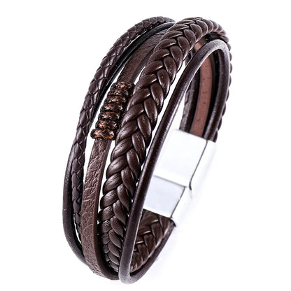 Multi Layer Braided Rope Bracelet for Men | Classic Handmade PU Leather Wristband with Magnetic Buckle