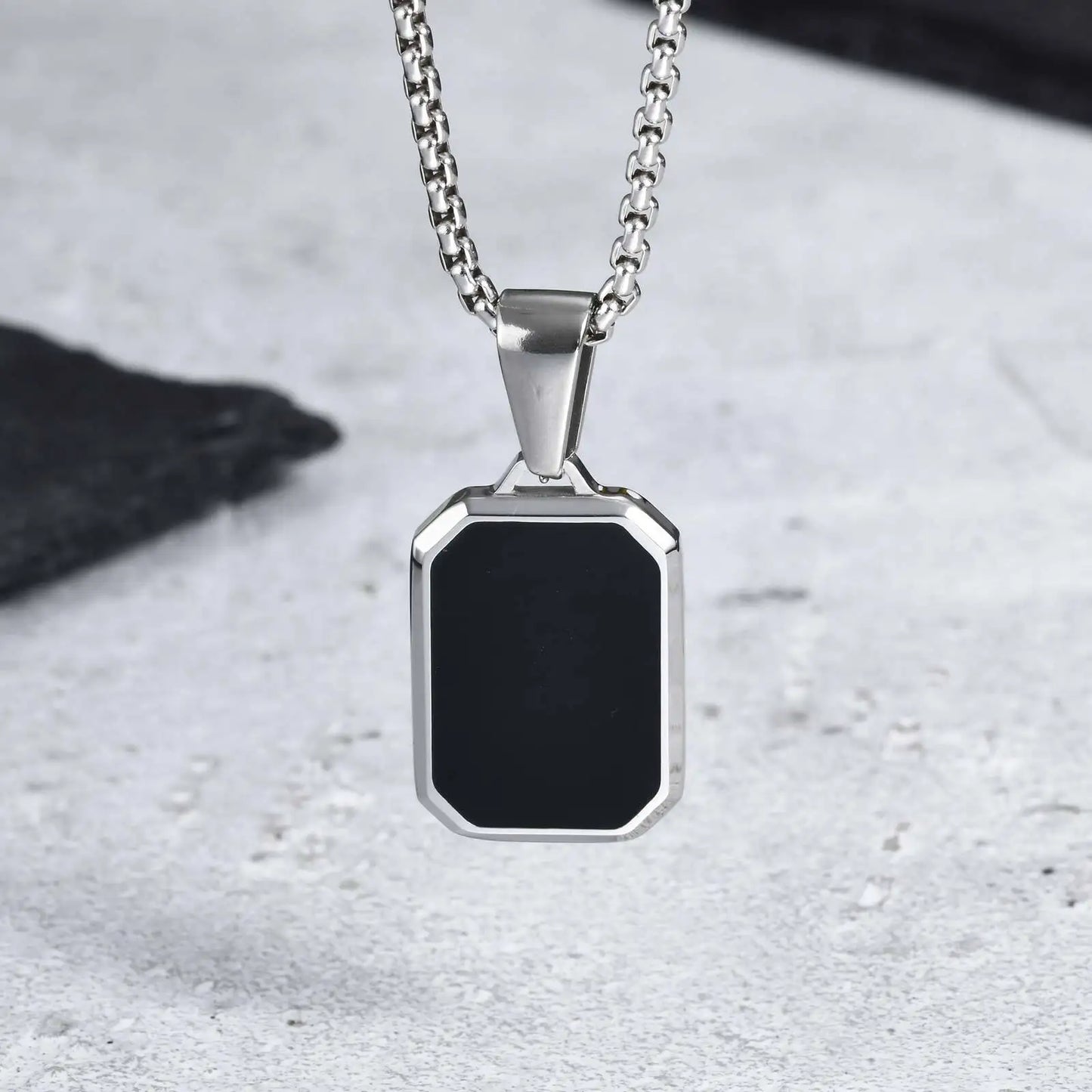 Men's Geometric Square Necklace | Black Enamel Rectangle Pendant with Rope Chain