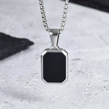 Men's Geometric Square Necklace | Black Enamel Rectangle Pendant with Rope Chain