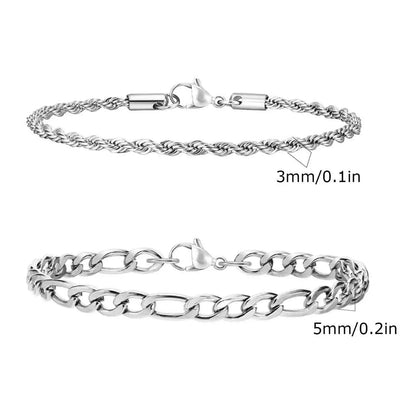 Men's Stainless Steel Chain Bracelets Set | 2pcs Silver Gold Black Twist Rope & Cuban Link