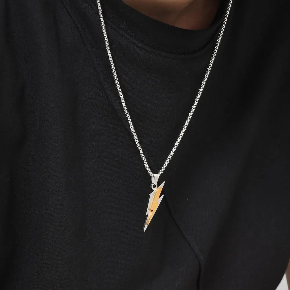 Trendy Lightning Stainless Steel Necklace for Men | Two Color Pendant Hip Hop Jewelry