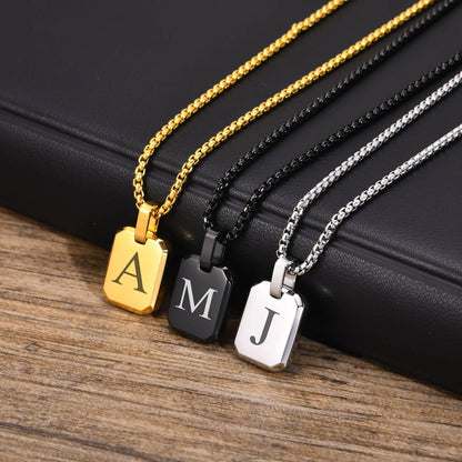 A-Z 26 Letters Stainless Steel Initials Necklace | Waterproof Square Pendant for Men