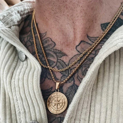 Gold Men's Compass Necklace | Vintage Viking North Star Anchor Stainless Steel Pendant
