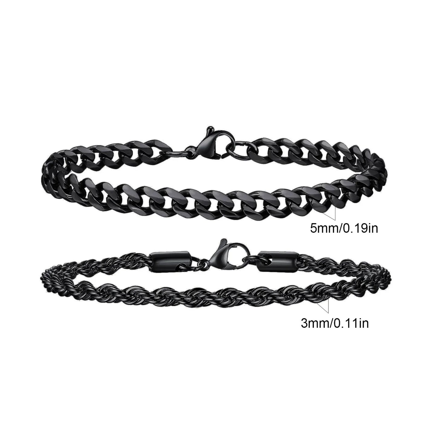 Men's Stainless Steel Chain Bracelets Set | 2pcs Silver Gold Black Twist Rope & Cuban Link