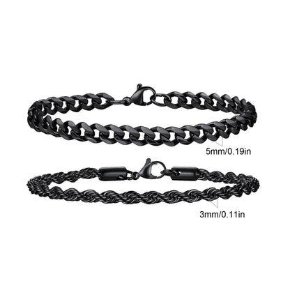 Men's Stainless Steel Chain Bracelets Set | 2pcs Silver Gold Black Twist Rope & Cuban Link