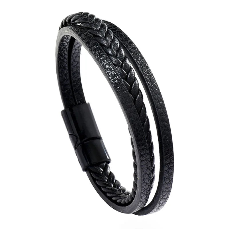 Multi Layer Braided Rope Bracelet for Men | Classic Handmade PU Leather Wristband with Magnetic Buckle