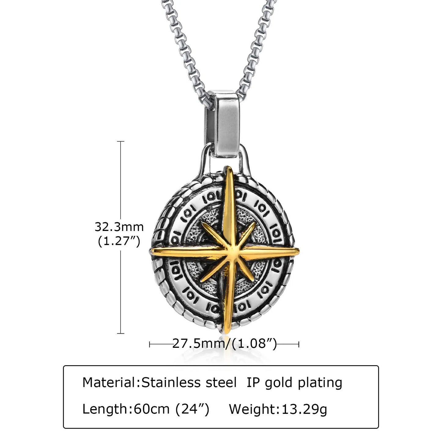 Vintage Compass Pendant Necklace | Stainless Steel Coin Necklace for Men