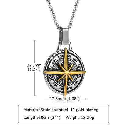 Vintage Compass Pendant Necklace | Stainless Steel Coin Necklace for Men