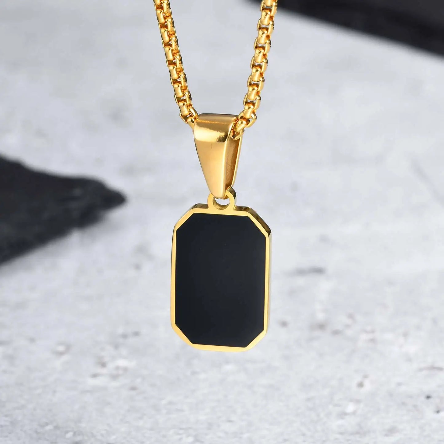 Men's Geometric Square Necklace | Black Enamel Rectangle Pendant with Rope Chain