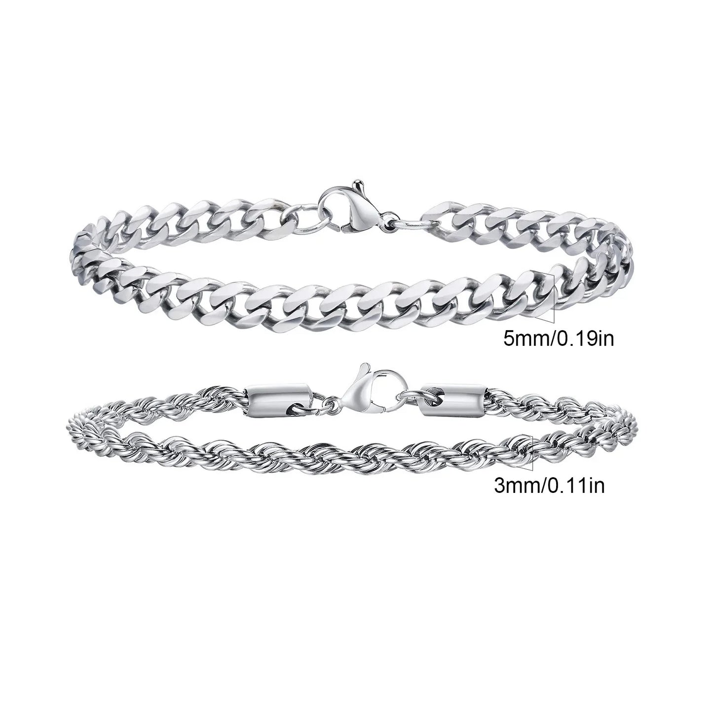 Men's Stainless Steel Chain Bracelets Set | 2pcs Silver Gold Black Twist Rope & Cuban Link