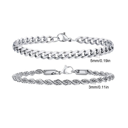 Men's Stainless Steel Chain Bracelets Set | 2pcs Silver Gold Black Twist Rope & Cuban Link