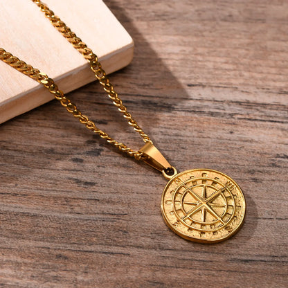 Gold Men's Compass Necklace | Vintage Viking North Star Anchor Stainless Steel Pendant