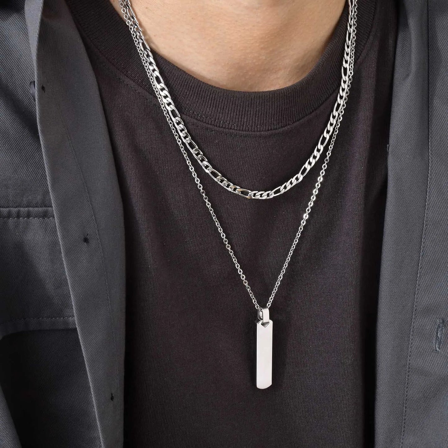 2pcs Vertical Layer Necklaces for Men | Waterproof Stainless Steel Cuban Chain Collar