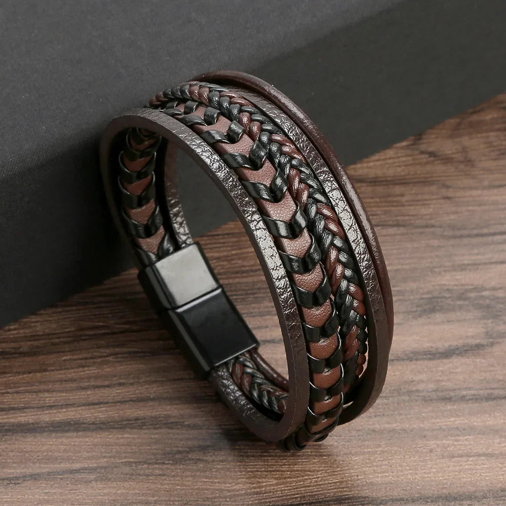 Multi Layer Braided Rope Bracelet for Men | Classic Handmade PU Leather Wristband with Magnetic Buckle