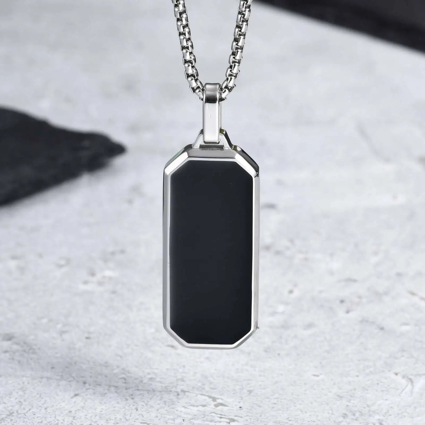 Men's Geometric Square Necklace | Black Enamel Rectangle Pendant with Rope Chain