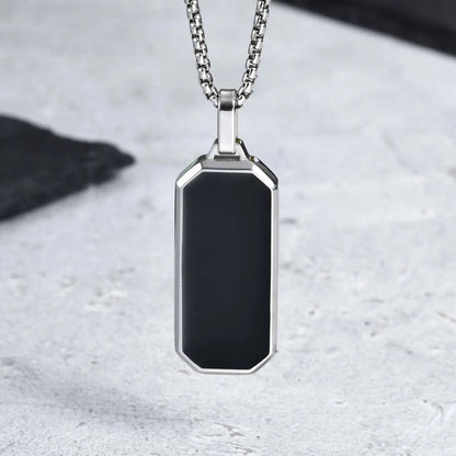 Men's Geometric Square Necklace | Black Enamel Rectangle Pendant with Rope Chain
