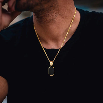 Men's Geometric Square Necklace | Black Enamel Rectangle Pendant with Rope Chain