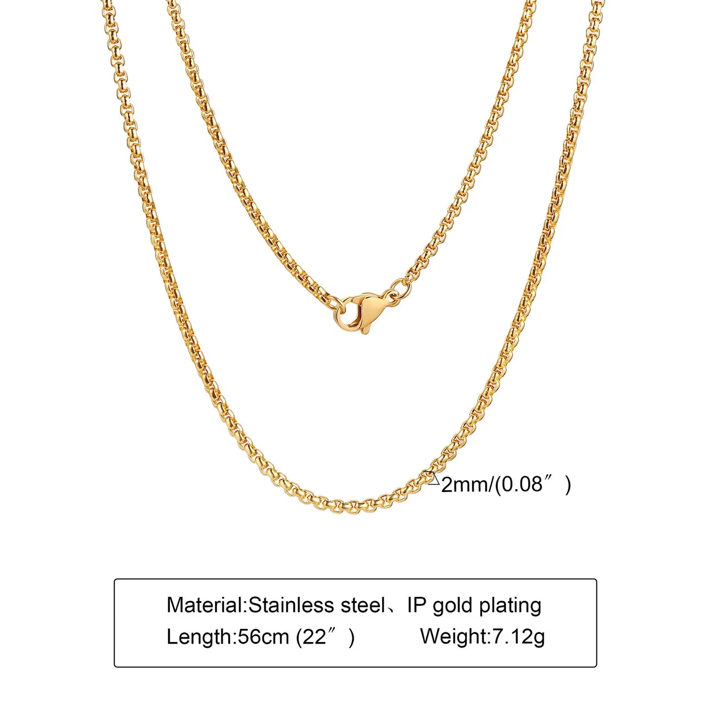 Round Box Chain Necklace for Men | Stainless Steel Link Chain in Gold, Silver, or Black