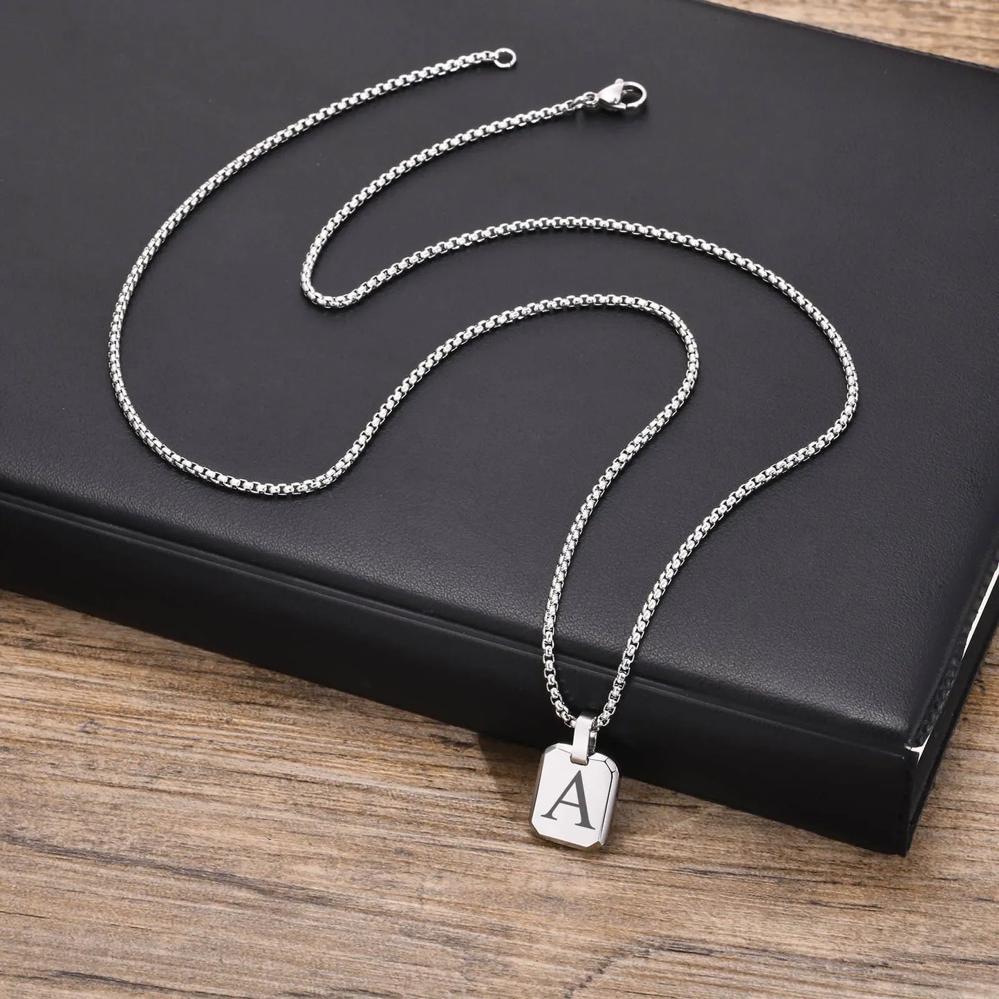 A-Z 26 Letters Stainless Steel Initials Necklace | Waterproof Square Pendant for Men