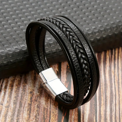 Multi Layer Braided Rope Bracelet for Men | Classic Handmade PU Leather Wristband with Magnetic Buckle