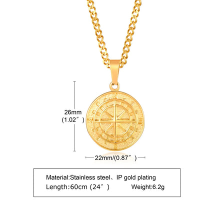 Gold Men's Compass Necklace | Vintage Viking North Star Anchor Stainless Steel Pendant