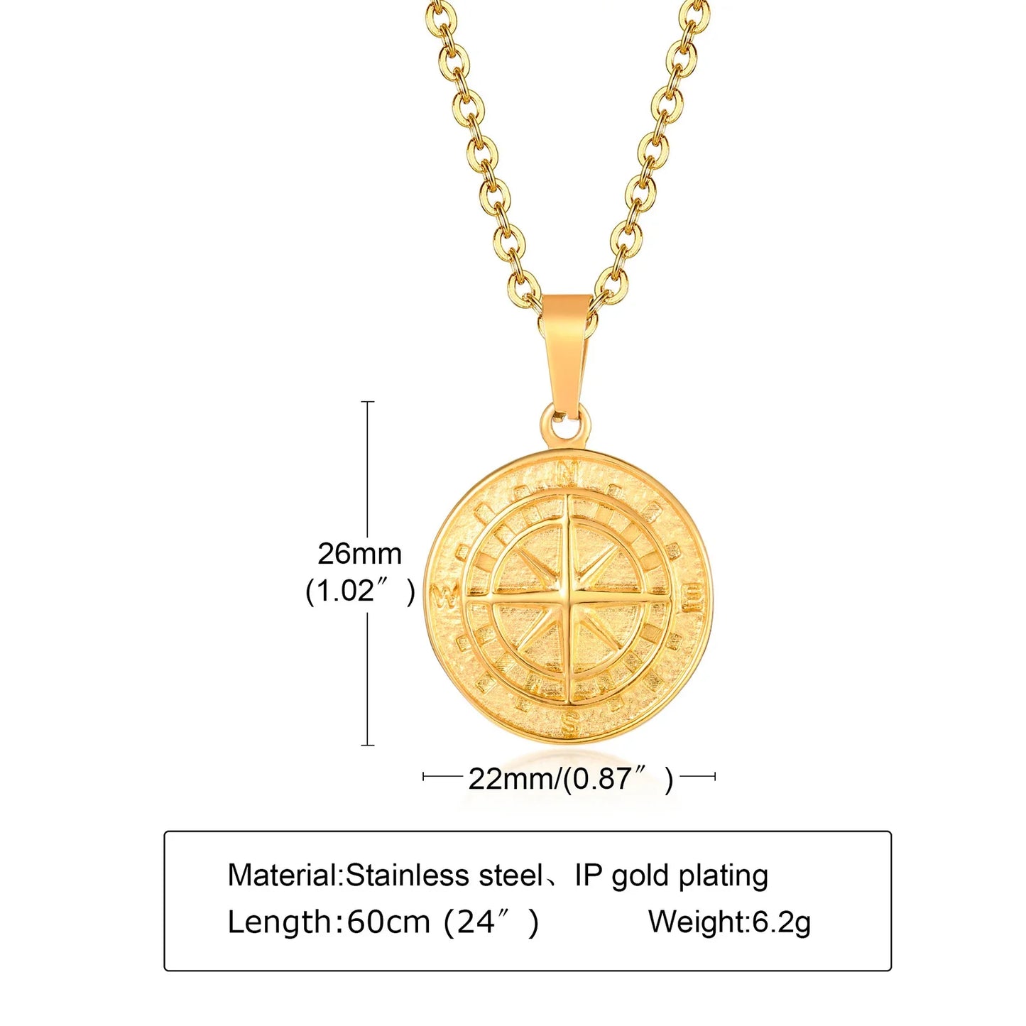 Vintage Compass Pendant Necklace | Stainless Steel Coin Necklace for Men