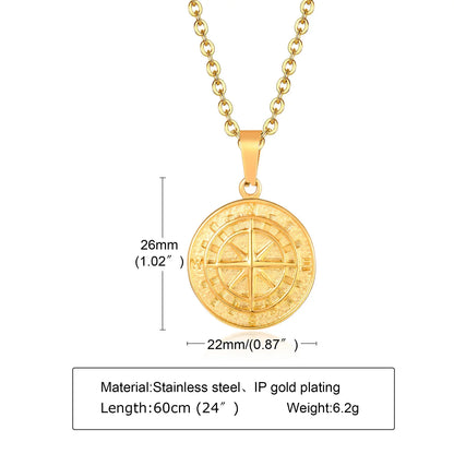 Vintage Compass Pendant Necklace | Stainless Steel Coin Necklace for Men